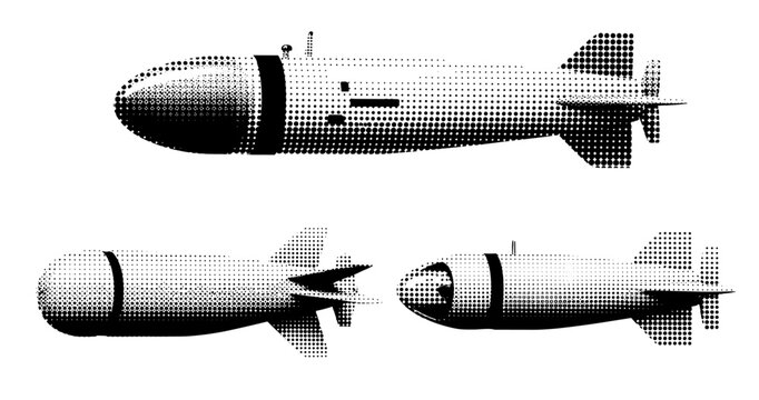 Three halftone military bomb illustrations in black and white