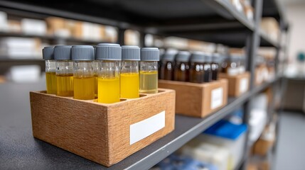 Fototapeta premium Laboratory shelves display rows of glass vials containing yellow liquid samples organized in wooden racks
