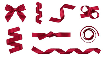 Fototapeta premium Red satin ribbon set including bow, curled streamer, knotted band, spiral coil, and wavy strip isolated. Festive gift decoration collection.
