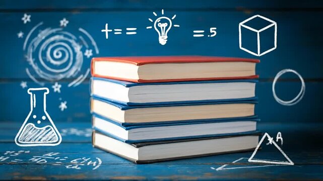 Stack of books with science and math doodles on a blue background