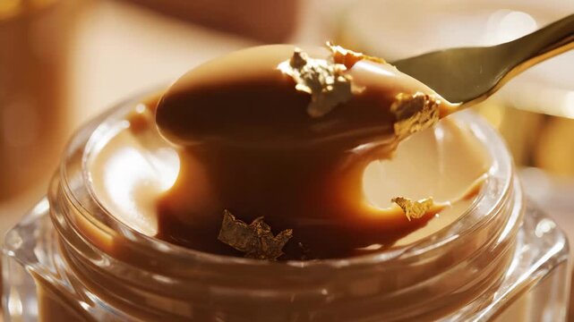 Macro shot of luxurious cosmetic cream with gold flakes. Golden spatula scooping rich anti-aging skincare product for radiant skin