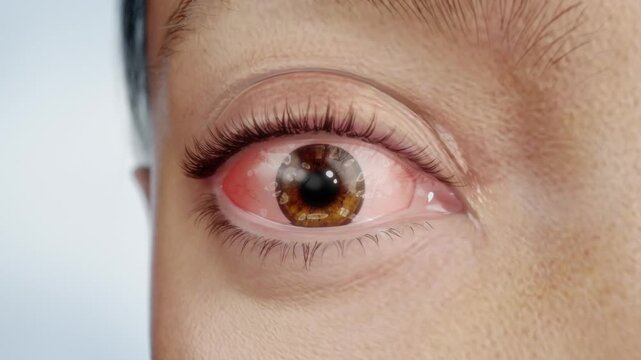Dry eye syndrome, conjunctivitis, tear film dehydration, eye fatigue and dryness lead to red conjunctiva with bloodshot streaks, blurred vision, close-up of blinking eyes, brown pupils, 3D animation.