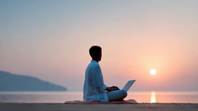 Young professional working remotely on laptop while sitting on sandy beach during golden sunset, embodying digital nomad lifestyle with serene ocean backdrop and technology enabled freedom