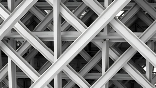 Structural lattice of intersecting steel I-beams forming a repeating geometric pattern.
