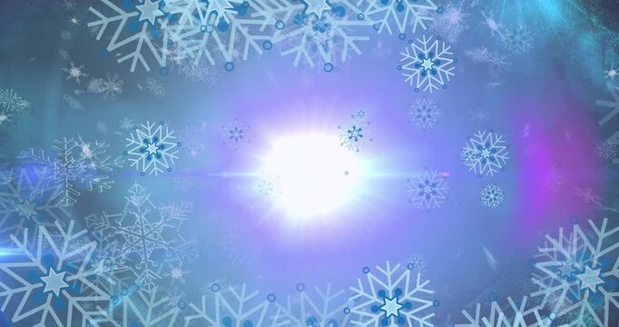 Snowflake icons and spinning snowflakes symbolize Christmas festivity.