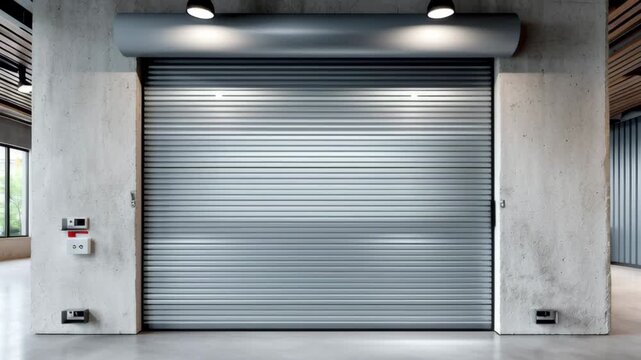 Industrial garage door in a modern facility with concrete walls and overhead lighting, showcasing a sequence of gradual closure in a spacious interior environment