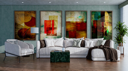 Obraz premium Large luxury modern bright interiors Living room mockup illustration 3D rendering