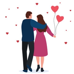 Man Gives Bunch of Balloons in Shape of Heart to Attractive Young Woman. Beautiful Smiling Couple Romantic Proposal. Happy diversity couple on 14 February, Valentines day. Vector illustration