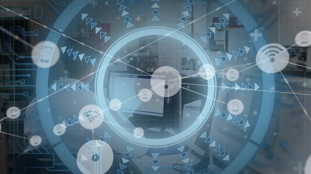 Animation of network of connections over caucasian male doctor using computer