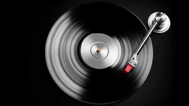 Close-up view of a spinning vinyl record on a turntable with a silver tonearm and red stylus, showcasing the grooves and reflective surface in a dark setting