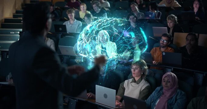 Lecturer Teaches in University Auditorium While Diverse Students Type on Laptops. Holographic Brain Made of Data Lines Visualizes Artificial Intelligence, Neural Network, Next gen Higher Education