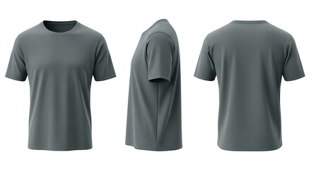 Naklejka premium Plain dark grey short sleeve crew neck t-shirt displayed from multiple angles.