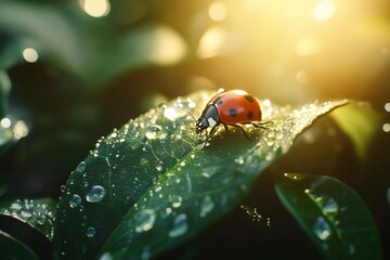 Obraz premium Ladybug crawling on dewy green leaf