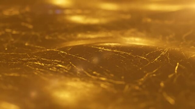 Close-up of radiant gold foil texture with textured light reflections creating a luxurious backdrop