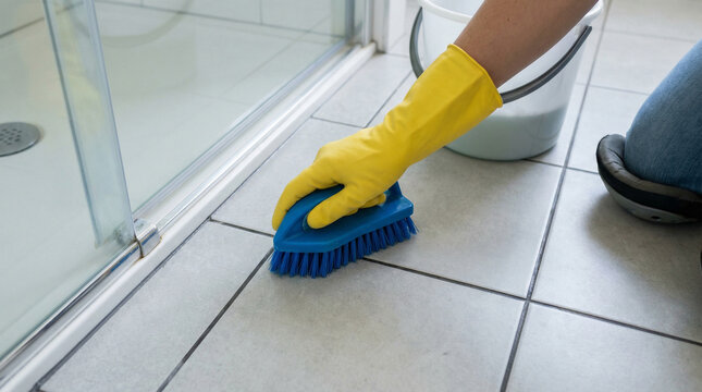 cleaning scene in contemporary bathroom shows gloved hand scrubbing tile grout with stiff brush. Soap, cleaning bucket are visible in background, household maintenance and hygiene.