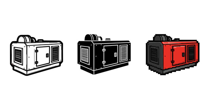 Three industrial generators: white, black, and red variations in vector style