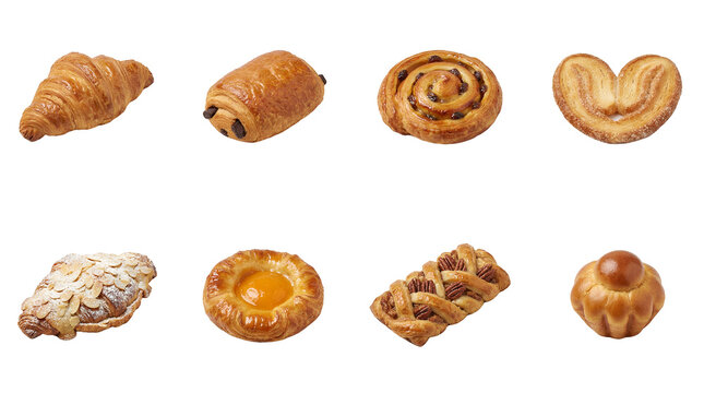 French pastry set including croissant, pain au chocolat, palmier, brioche, and danish isolated. Fresh bakery breakfast collection.