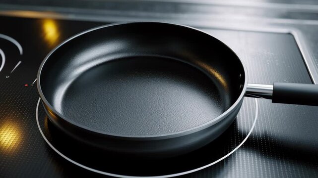Black frying pan placed on an induction cooktop with a smooth surface, showcasing a clean and modern kitchen environment with sleek design elements and reflective surfaces