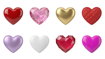 Obraz premium Heart shape set including red glossy, pink diamond, gold metallic, quilted leather, and purple pearl finishes isolated. Valentine and love symbol collection.