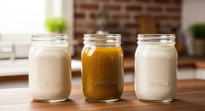 Three jars of dressing sit in a row on a counter in a kitchen setting