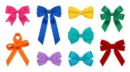 Fototapeta premium Colorful ribbon bow set including satin, grosgrain, and velvet textures in assorted colors isolated. Decorative elements for gift wrapping and hair accessories.