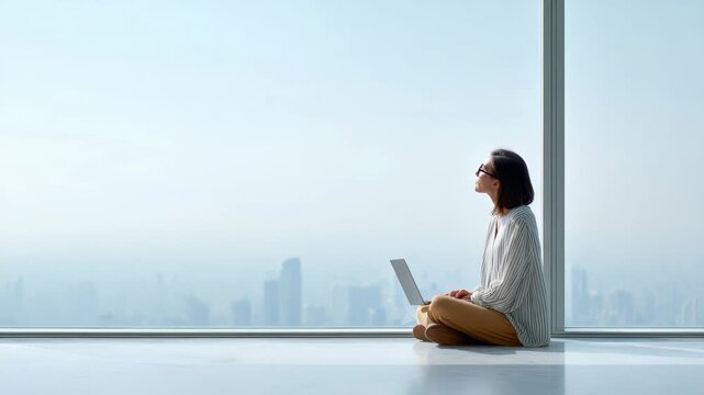 Professional businesswoman working remotely. Leveraging digital nomad lifestyle while enjoying panoramic city skyline from modern. Bright office space with natural light and inspiring urban backdrop