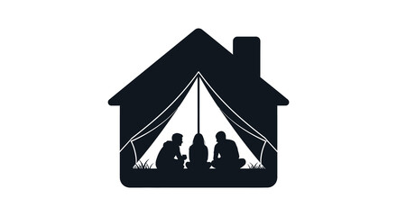 A simple black illustration depicts a house and tent with figures around a campfire a striking silhouette © Komla02