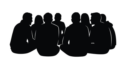 A group of people are depicted in a dark solid form against a white background creating a striking silhouette © Komla02