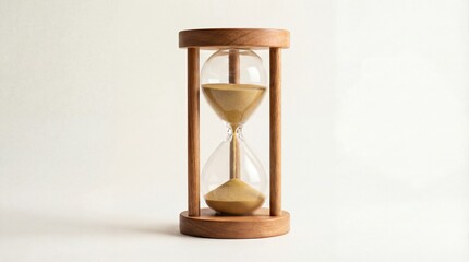 Classic wooden hourglass with golden sand on a white background. Symbol of time, patience, and deadline. Minimalist composition, vintage look, countdown concept, and timeless object 