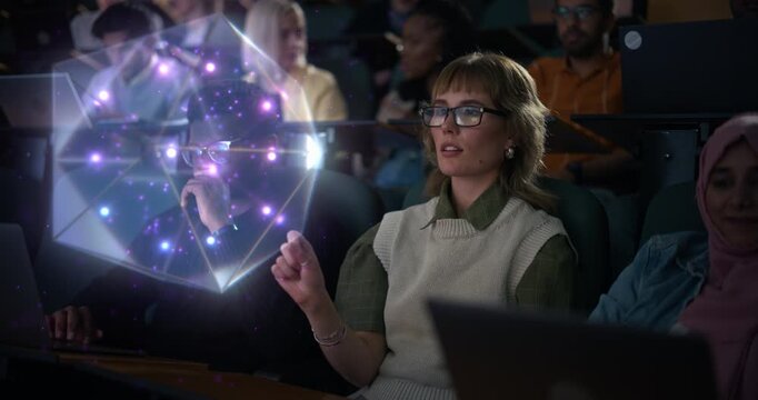 Female University Student Wearing AR Glasses Uses AI Course in Lecture Hall, Manipulates Holographic Scientific Data, Virtual Reality Learning, Immersive Interface, Smart Innovation