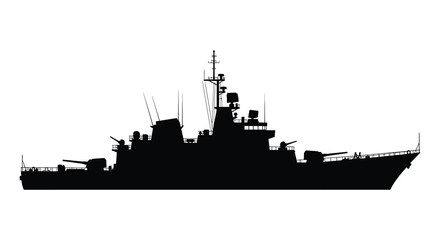 A stark black silhouette of a naval destroyer ship against a bright white background showcasing military power silhouette © Komla02