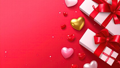 Elegant Valentines Day Gift Boxes and Romantic Hearts on Red Background.