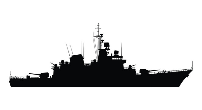 A stark black silhouette of a naval destroyer ship against a bright white background showcasing military power silhouette