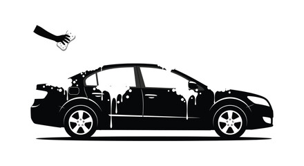 A sleek modern sedan is being washed with foam depicted in a striking black and white silhouette © Komla02