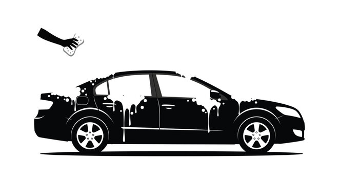 A sleek modern sedan is being washed with foam depicted in a striking black and white silhouette
