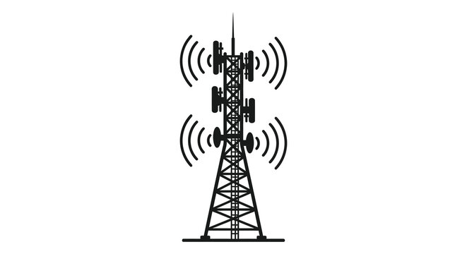 A detailed illustration depicts a tall cellular tower with radiating signal waves presented as a striking silhouette