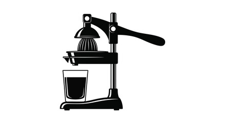 A vintage style citrus juicer with a glass of juice below presented as a striking silhouette high quality professional © Komla02