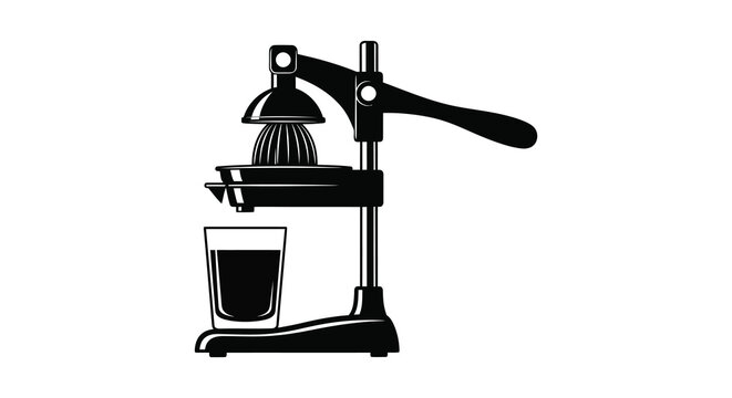 A vintage style citrus juicer with a glass of juice below presented as a striking silhouette high quality professional