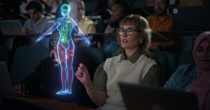 Female College Student With Glasses in Lecture Hall to Browse an AR Data Information, Activating Holographic Human Anatomy Model, Immersive Medical education, VR Interface, Smart Campus Learning