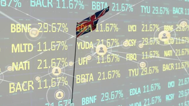 Animation of stock market data processing and network of profile icons against waving uk flag