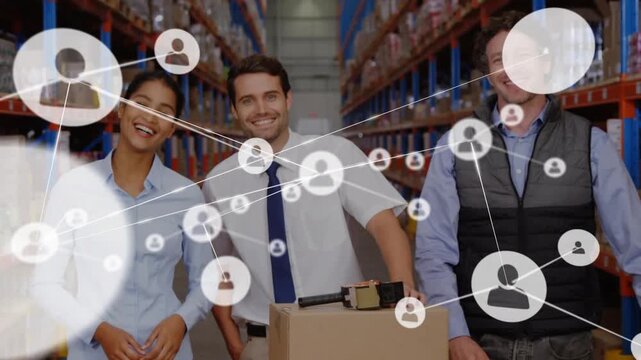 Animation of network of profile icon over diverse male and female supervisors smiling at warehouse