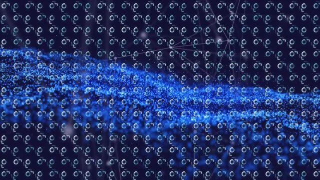 Animation of digital rows of pattern over blue mesh
