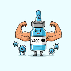 Vaccine Bottle with Muscles and Virus.