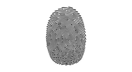 A striking black and white image of a fingerprint with detailed ridges and swirls presented as a silhouette high quality © Komla02