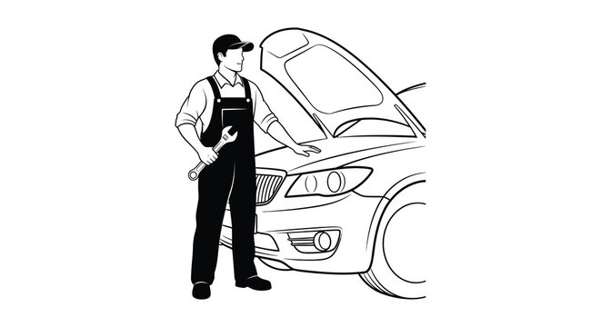 A mechanic stands with hands on hips examining an open car hood in a detailed silhouette high quality