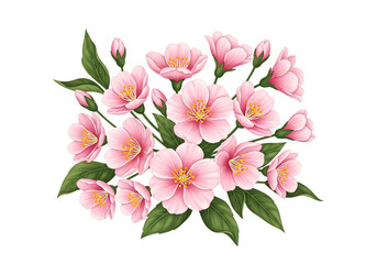 Fototapeta premium Pink flowers with green leaves and yellow stamens isolated on a transparent background floral arrangement