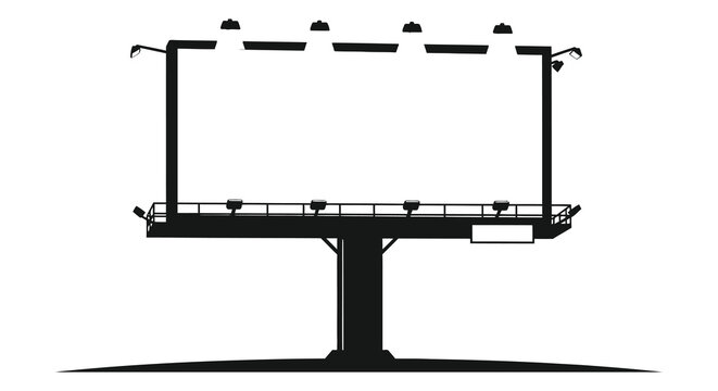 A stark black silhouette of a roadside billboard stands against a bright white background emphasizing emptiness high quality