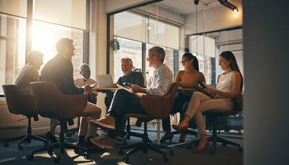 Fototapeta premium Group of people working together with technology in a modern office space