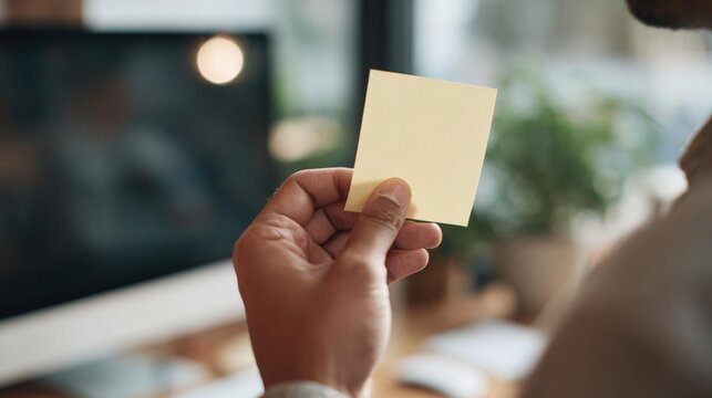 Person's hand holding a small yellow sticky note. the person is holding the note in their right hand and is in front of a computer monitor.