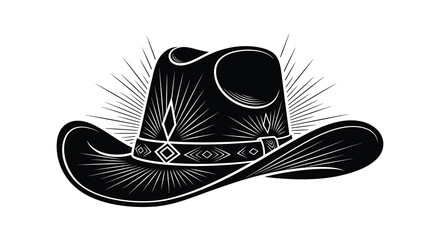 A detailed black and white illustration of a cowboy hat with sunburst rays showcasing a striking silhouette © Komla02